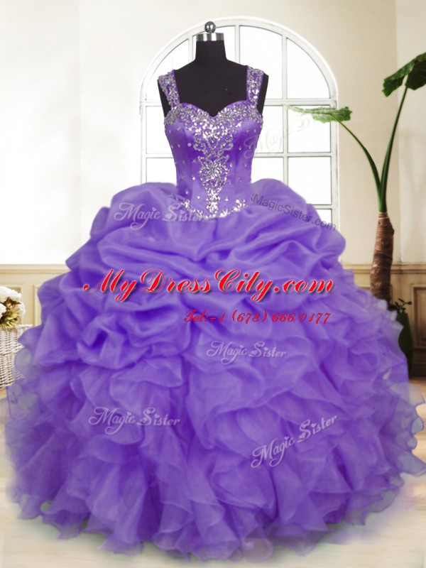 Deluxe Pick Ups Ball Gowns Sweet 16 Dresses Lavender Straps Organza Sleeveless Floor Length Zipper