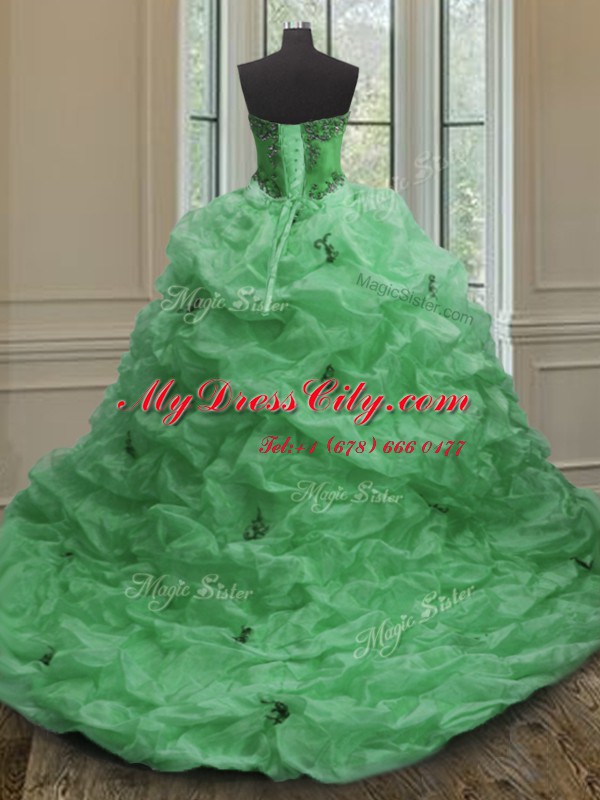 Stunning Sweetheart Sleeveless Organza Sweet 16 Dresses Beading and Appliques and Pick Ups Court Train Lace Up