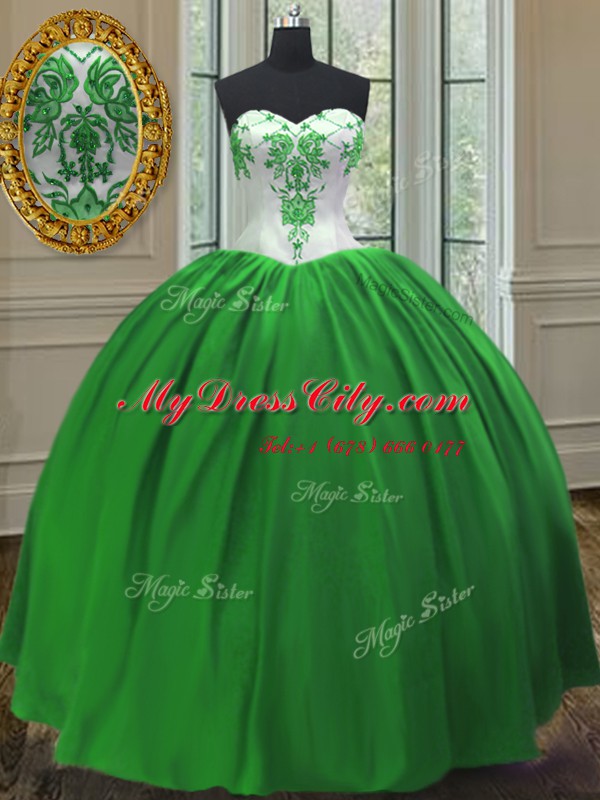 Green Ball Gowns Embroidery Sweet 16 Dresses Lace Up Taffeta Sleeveless Floor Length