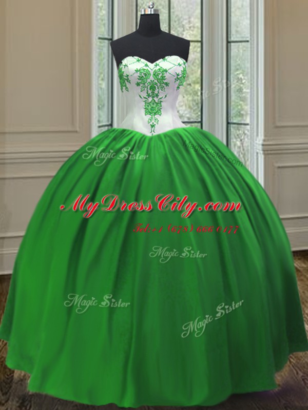 Green Ball Gowns Embroidery Sweet 16 Dresses Lace Up Taffeta Sleeveless Floor Length