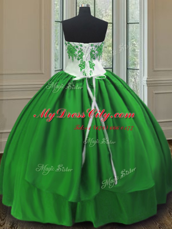 Green Ball Gowns Embroidery Sweet 16 Dresses Lace Up Taffeta Sleeveless Floor Length