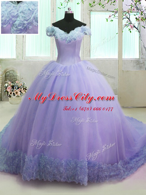 Comfortable Off the Shoulder Short Sleeves Organza With Train Court Train Lace Up Vestidos de Quinceanera in Lavender with Hand Made Flower