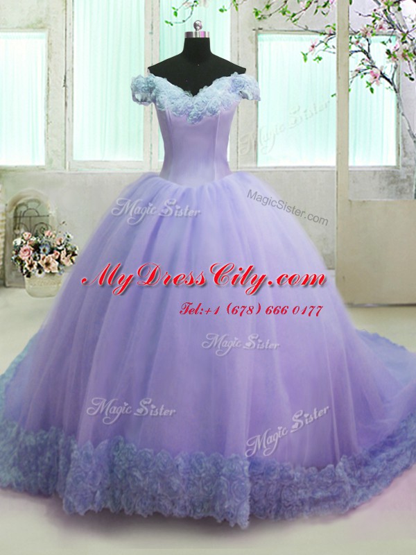 Comfortable Off the Shoulder Short Sleeves Organza With Train Court Train Lace Up Vestidos de Quinceanera in Lavender with Hand Made Flower