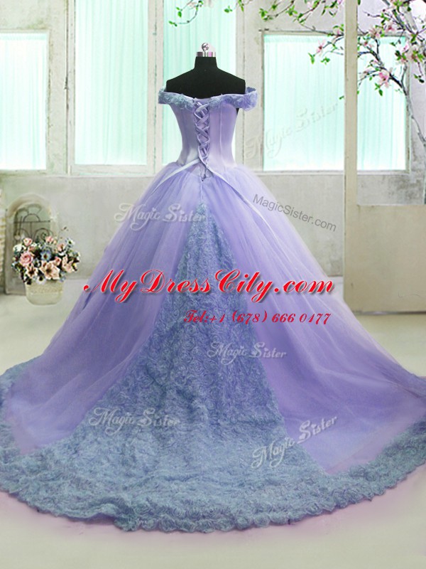 Comfortable Off the Shoulder Short Sleeves Organza With Train Court Train Lace Up Vestidos de Quinceanera in Lavender with Hand Made Flower