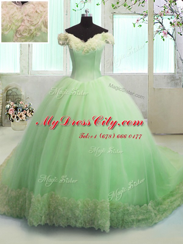 Hot Sale Apple Green Ball Gowns Organza Off The Shoulder Short Sleeves Hand Made Flower With Train Lace Up Vestidos de Quinceanera Court Train