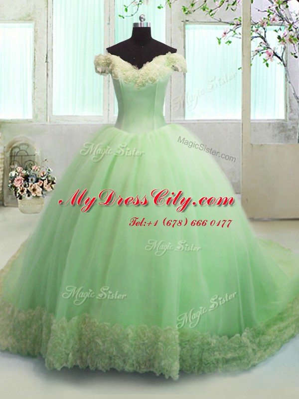 Hot Sale Apple Green Ball Gowns Organza Off The Shoulder Short Sleeves Hand Made Flower With Train Lace Up Vestidos de Quinceanera Court Train