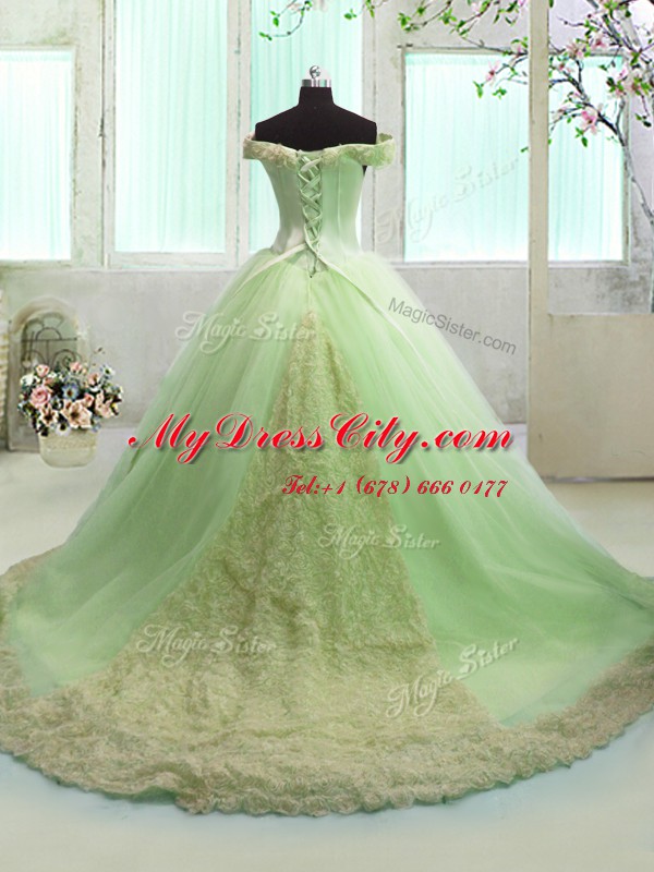 Hot Sale Apple Green Ball Gowns Organza Off The Shoulder Short Sleeves Hand Made Flower With Train Lace Up Vestidos de Quinceanera Court Train