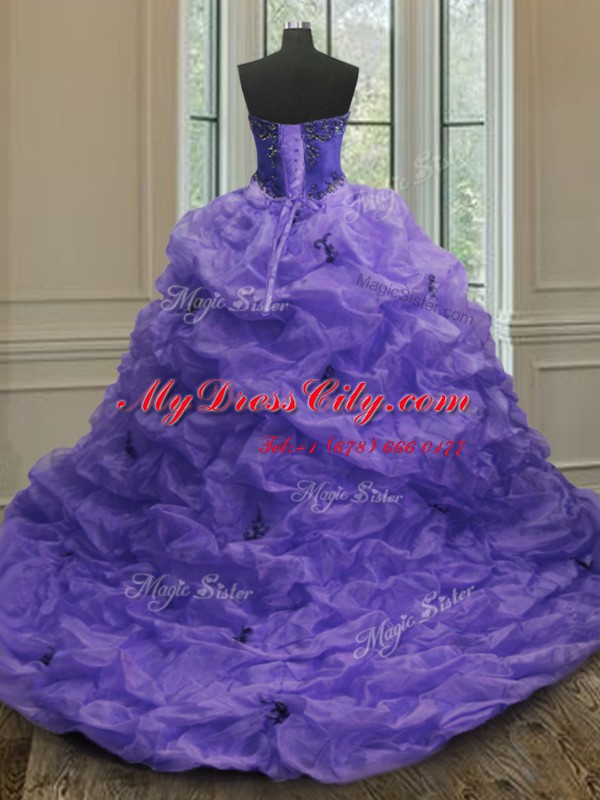 Decent Sleeveless Court Train Lace Up With Train Beading and Appliques and Pick Ups Quinceanera Gowns