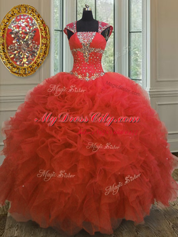 Clearance Straps Sequins Floor Length Ball Gowns Cap Sleeves Coral Red Vestidos de Quinceanera Lace Up