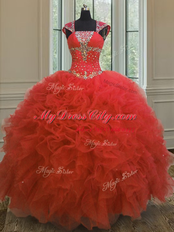 Clearance Straps Sequins Floor Length Ball Gowns Cap Sleeves Coral Red Vestidos de Quinceanera Lace Up