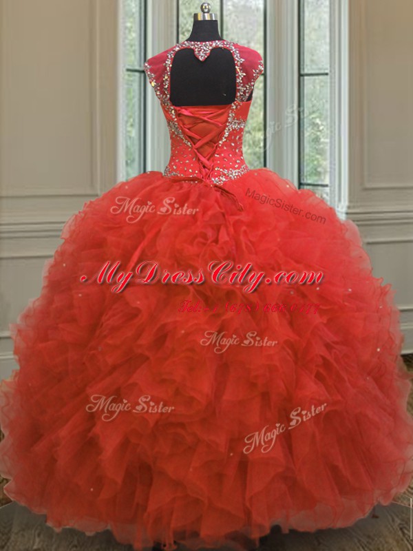 Clearance Straps Sequins Floor Length Ball Gowns Cap Sleeves Coral Red Vestidos de Quinceanera Lace Up