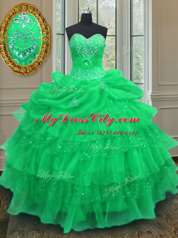 Halter Top Green Sleeveless Beading and Ruffled Layers and Pick Ups Floor Length 15th Birthday Dress