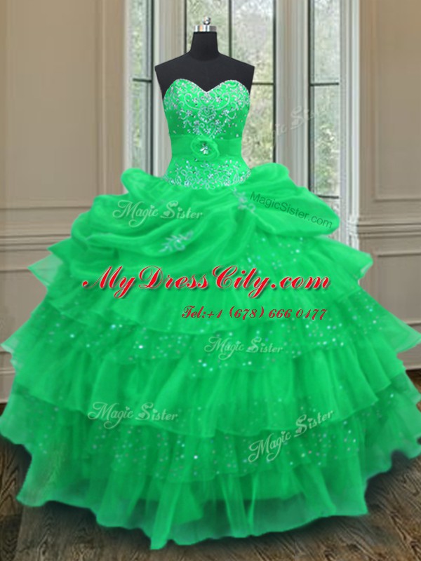 Halter Top Green Sleeveless Beading and Ruffled Layers and Pick Ups Floor Length 15th Birthday Dress