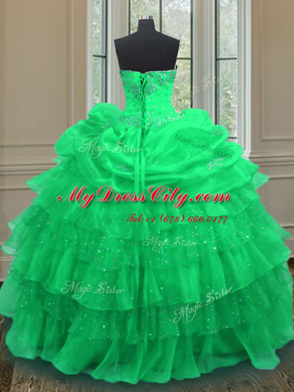 Halter Top Green Sleeveless Beading and Ruffled Layers and Pick Ups Floor Length 15th Birthday Dress