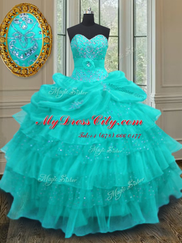 Custom Fit Aqua Blue Ball Gowns Organza Sweetheart Sleeveless Beading and Ruffled Layers and Pick Ups Floor Length Lace Up Sweet 16 Dresses