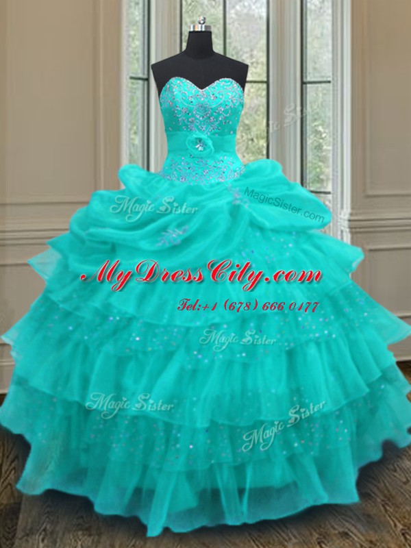 Custom Fit Aqua Blue Ball Gowns Organza Sweetheart Sleeveless Beading and Ruffled Layers and Pick Ups Floor Length Lace Up Sweet 16 Dresses