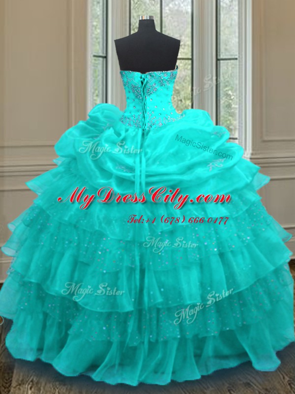 Custom Fit Aqua Blue Ball Gowns Organza Sweetheart Sleeveless Beading and Ruffled Layers and Pick Ups Floor Length Lace Up Sweet 16 Dresses