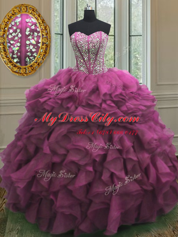 Wonderful Fuchsia Lace Up Sweetheart Beading and Ruffles Sweet 16 Dress Organza Sleeveless