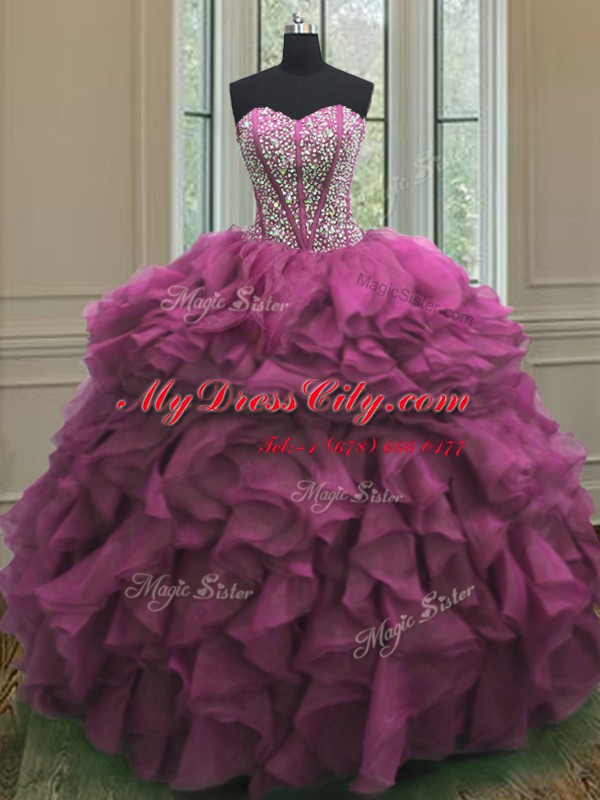 Wonderful Fuchsia Lace Up Sweetheart Beading and Ruffles Sweet 16 Dress Organza Sleeveless