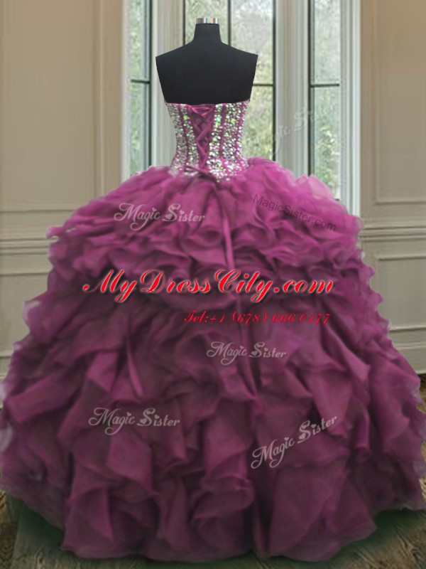 Wonderful Fuchsia Lace Up Sweetheart Beading and Ruffles Sweet 16 Dress Organza Sleeveless