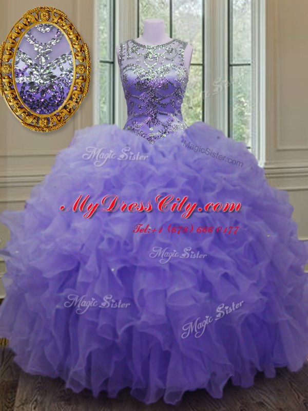 Charming Scoop Floor Length Lavender Sweet 16 Dress Organza Sleeveless Beading and Ruffles