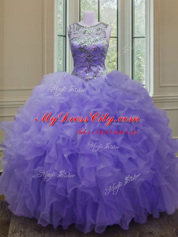 Charming Scoop Floor Length Lavender Sweet 16 Dress Organza Sleeveless Beading and Ruffles