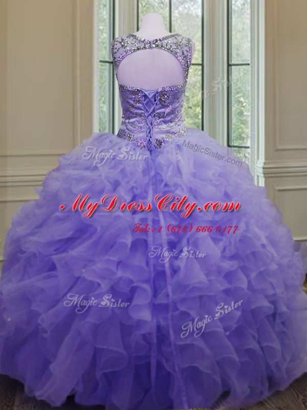 Charming Scoop Floor Length Lavender Sweet 16 Dress Organza Sleeveless Beading and Ruffles