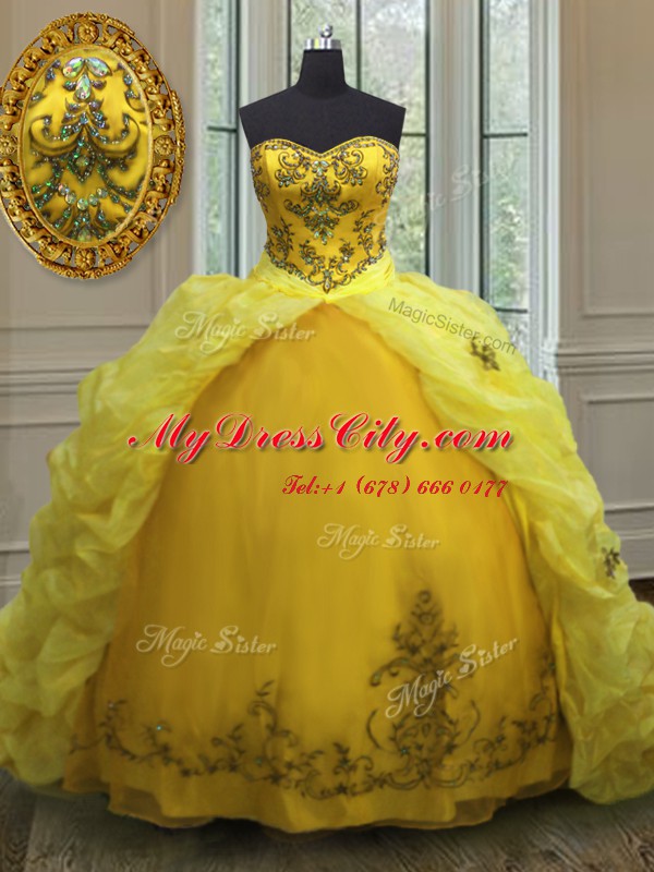 Shining Light Yellow Sleeveless Court Train Beading and Appliques and Pick Ups With Train 15th Birthday Dress