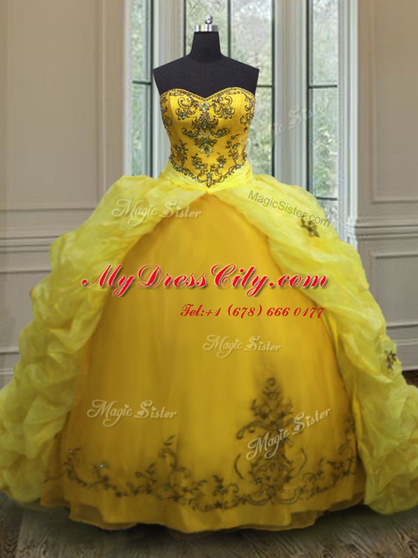 Shining Light Yellow Sleeveless Court Train Beading and Appliques and Pick Ups With Train 15th Birthday Dress