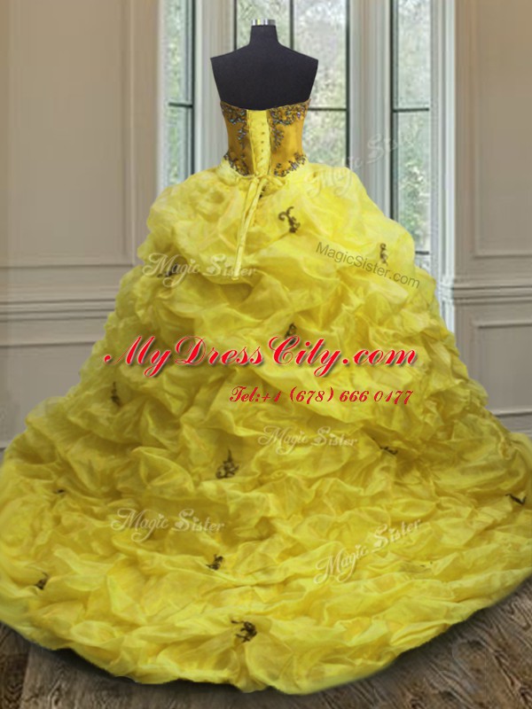 Shining Light Yellow Sleeveless Court Train Beading and Appliques and Pick Ups With Train 15th Birthday Dress