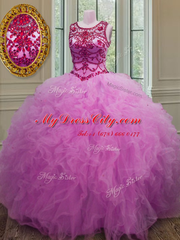 Romantic Scoop Beading and Ruffles Quinceanera Dress Lilac Lace Up Sleeveless Floor Length