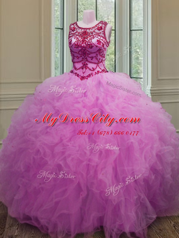 Romantic Scoop Beading and Ruffles Quinceanera Dress Lilac Lace Up Sleeveless Floor Length