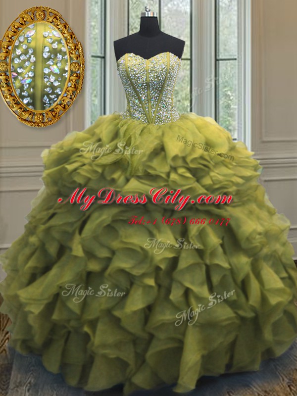 Olive Green Sweetheart Lace Up Beading and Ruffles Sweet 16 Dress Sleeveless