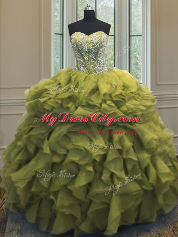 Olive Green Sweetheart Lace Up Beading and Ruffles Sweet 16 Dress Sleeveless