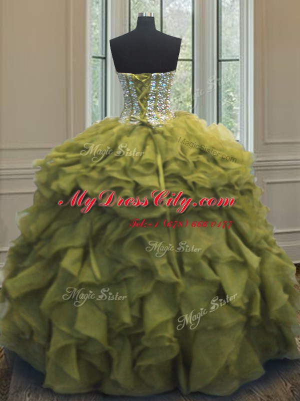 Olive Green Sweetheart Lace Up Beading and Ruffles Sweet 16 Dress Sleeveless