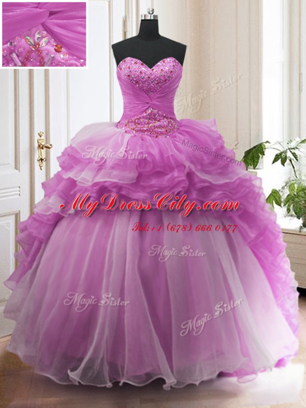 Ruffled Sweep Train Ball Gowns Vestidos de Quinceanera Lilac Sweetheart Organza Sleeveless With Train Lace Up