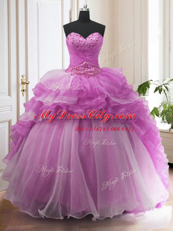 Ruffled Sweep Train Ball Gowns Vestidos de Quinceanera Lilac Sweetheart Organza Sleeveless With Train Lace Up