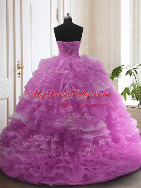 Ruffled Sweep Train Ball Gowns Vestidos de Quinceanera Lilac Sweetheart Organza Sleeveless With Train Lace Up