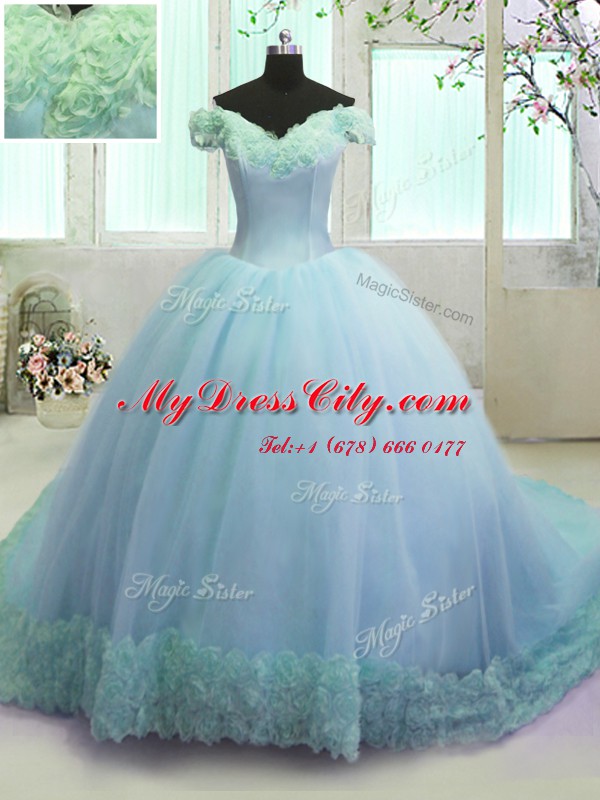 Glittering Off the Shoulder Sleeveless Court Train Hand Made Flower Lace Up Quinceanera Gowns