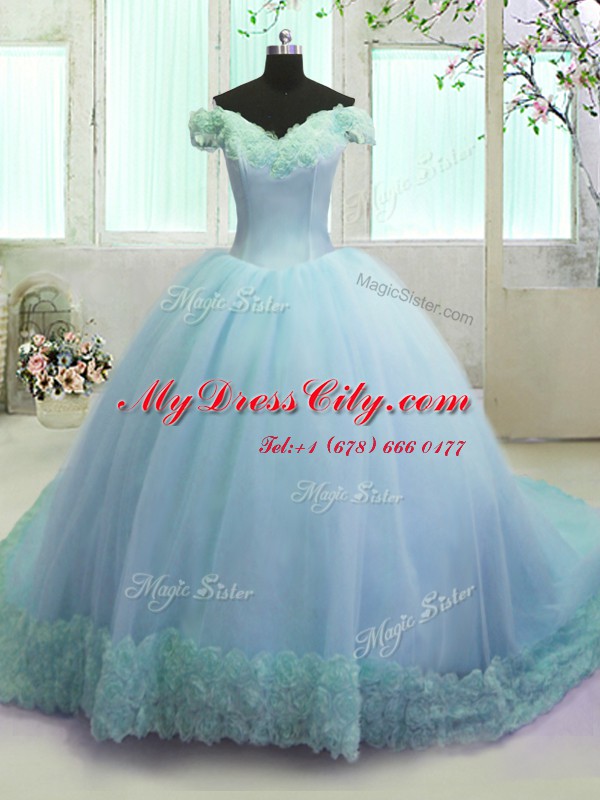 Glittering Off the Shoulder Sleeveless Court Train Hand Made Flower Lace Up Quinceanera Gowns