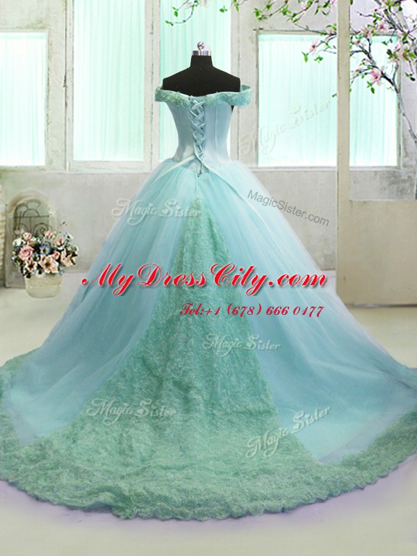 Glittering Off the Shoulder Sleeveless Court Train Hand Made Flower Lace Up Quinceanera Gowns