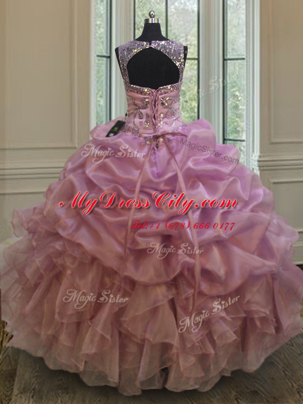 Scoop Sleeveless Sweet 16 Dress Floor Length Beading and Ruffles and Pick Ups Lilac Organza