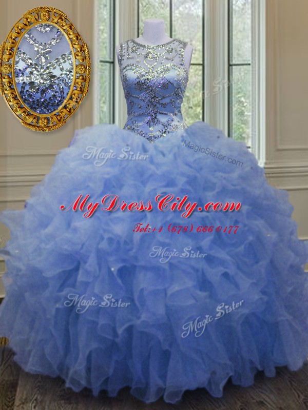 Floor Length Blue Quinceanera Dresses Scoop Sleeveless Lace Up