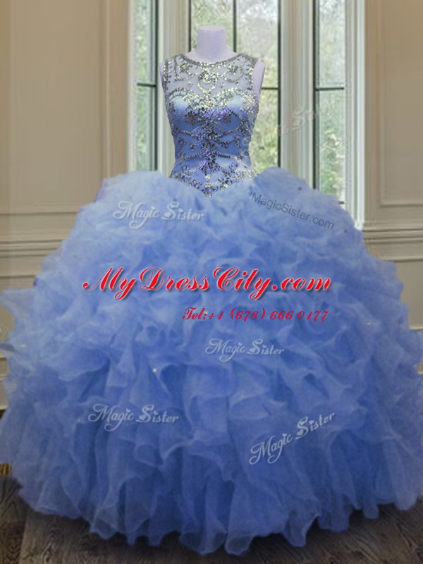 Floor Length Blue Quinceanera Dresses Scoop Sleeveless Lace Up