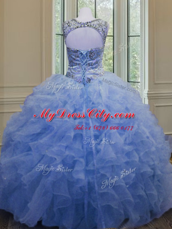 Floor Length Blue Quinceanera Dresses Scoop Sleeveless Lace Up