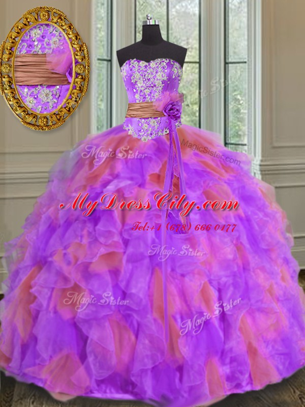 Romantic Sleeveless Lace Up Floor Length Beading and Ruffles and Sashes ribbons and Hand Made Flower Sweet 16 Dresses