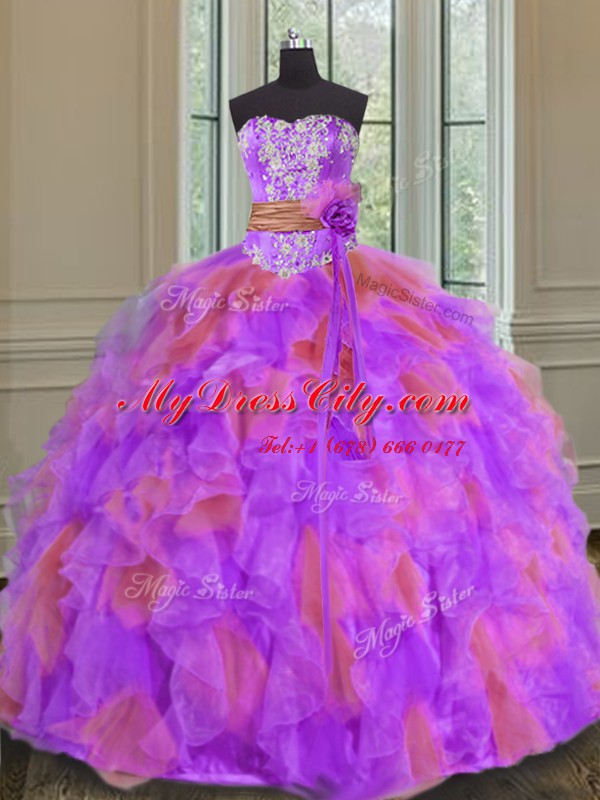 Romantic Sleeveless Lace Up Floor Length Beading and Ruffles and Sashes ribbons and Hand Made Flower Sweet 16 Dresses