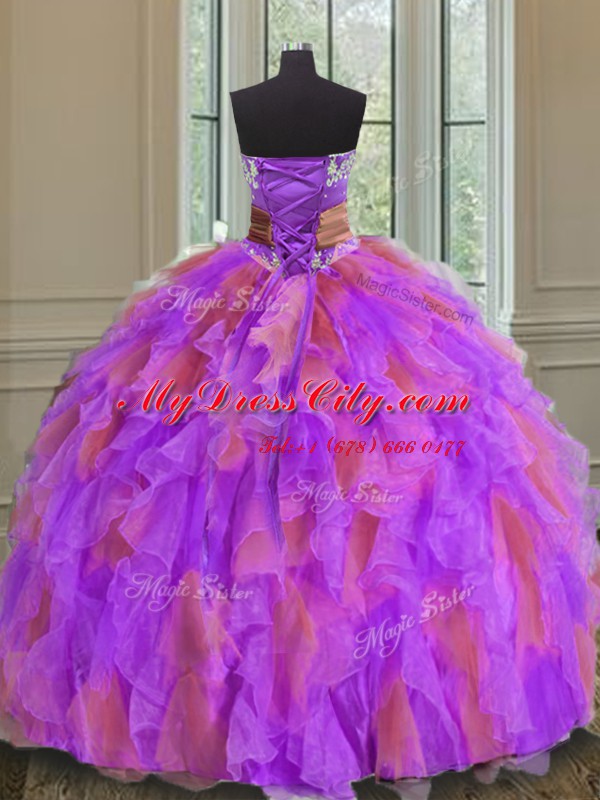 Romantic Sleeveless Lace Up Floor Length Beading and Ruffles and Sashes ribbons and Hand Made Flower Sweet 16 Dresses