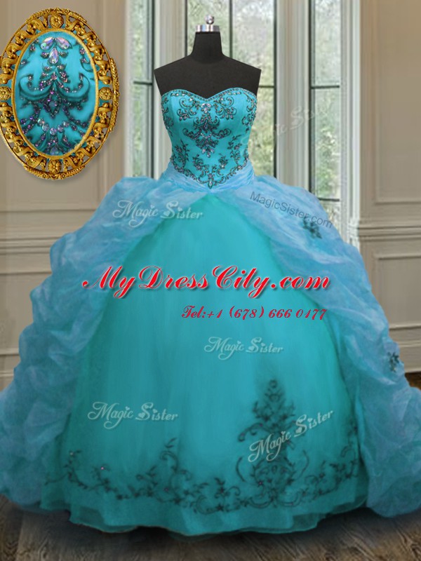 Charming Aqua Blue Lace Up Sweet 16 Dress Beading and Appliques and Pick Ups Sleeveless With Train Court Train