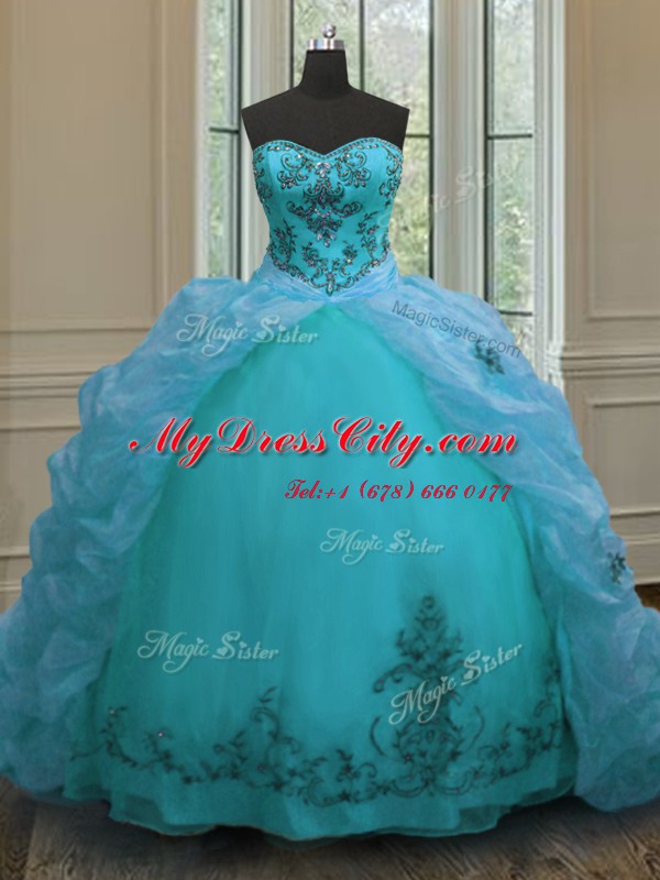 Charming Aqua Blue Lace Up Sweet 16 Dress Beading and Appliques and Pick Ups Sleeveless With Train Court Train